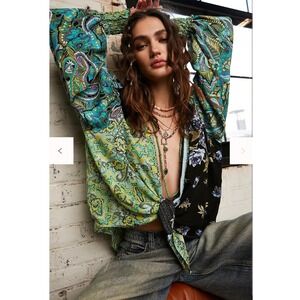 Free People Green and Black Paisley Blouse